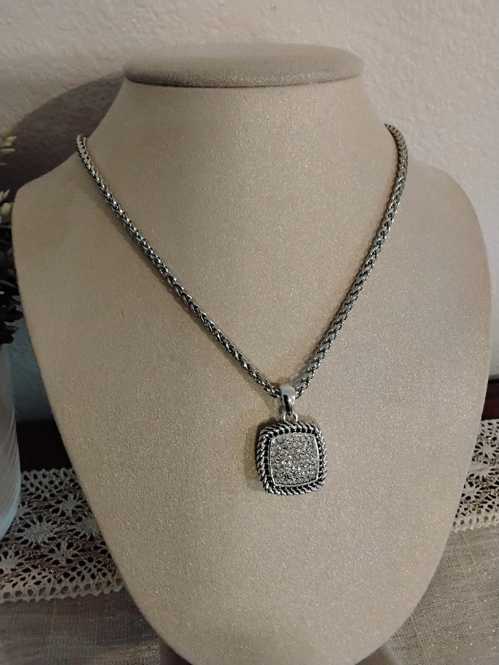 Silver-Tone Pavé Square Pendant Necklace - Women Jewelry